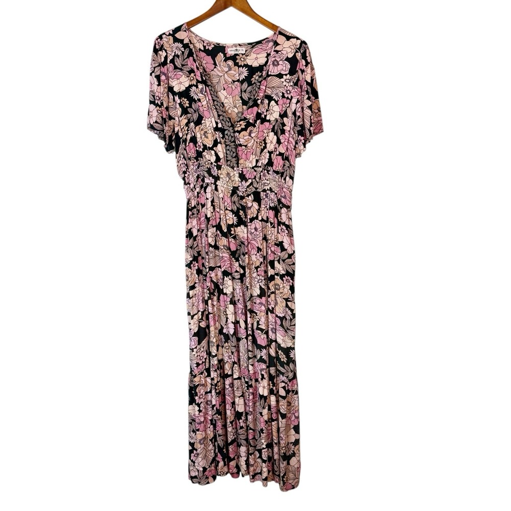 Natural Life Bella Maxi Dress Sz XL Pink Floral Boho Festival Hippie Pockets